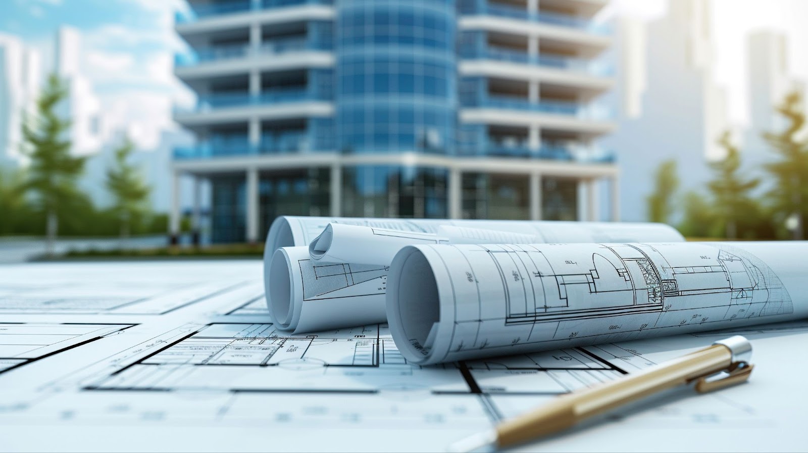 A table featuring architectural drawings and construction plans, highlighting the work of a commercial construction contractor.