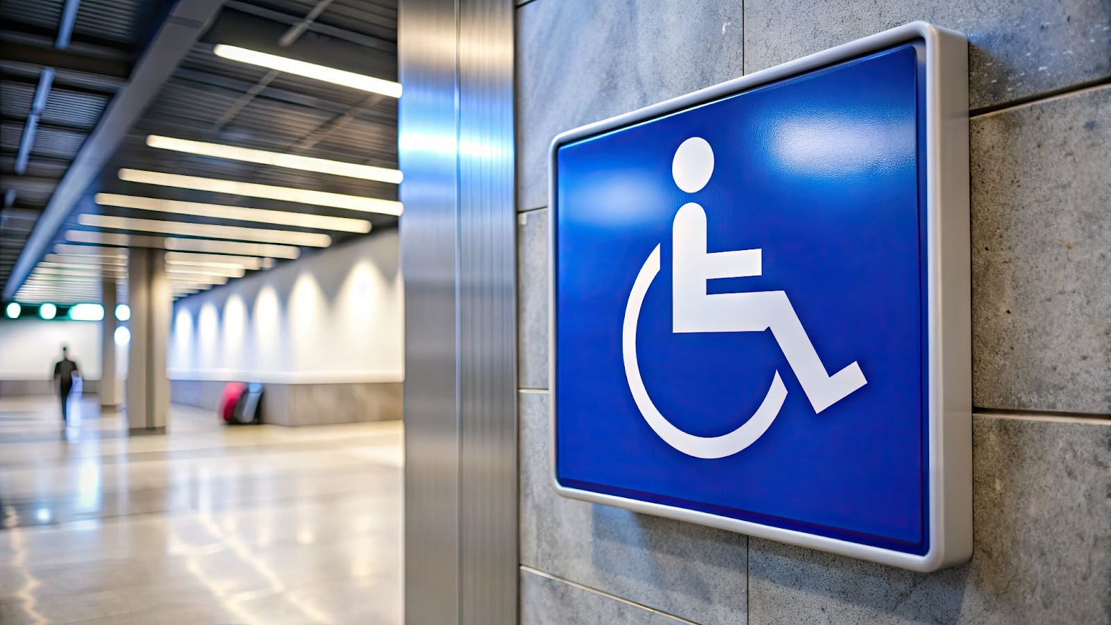 A blue sign featuring a wheelchair symbol, indicating ADA compliance for commercial building upgrades.