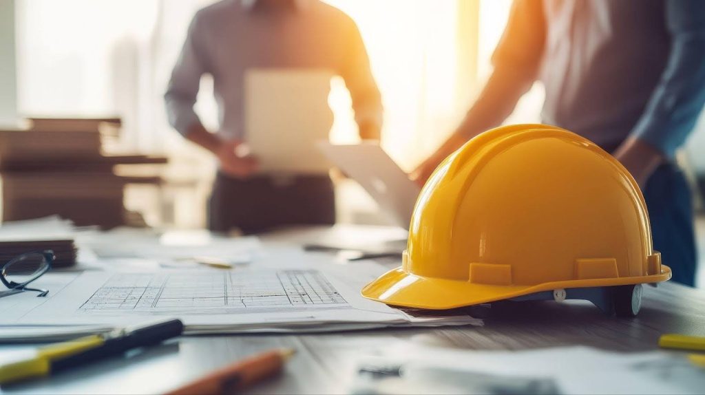 A hard hat and construction plans on a desk symbolize an ongoing project