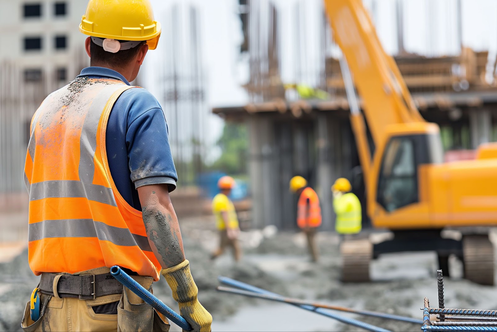 Construction workers diligently engaged in tasks at a commercial construction site, showcasing teamwork and professionalism.