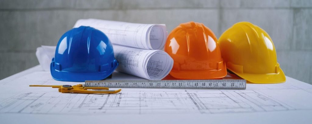 Three hard hats and a ruler on construction plans symbolize safety and planning