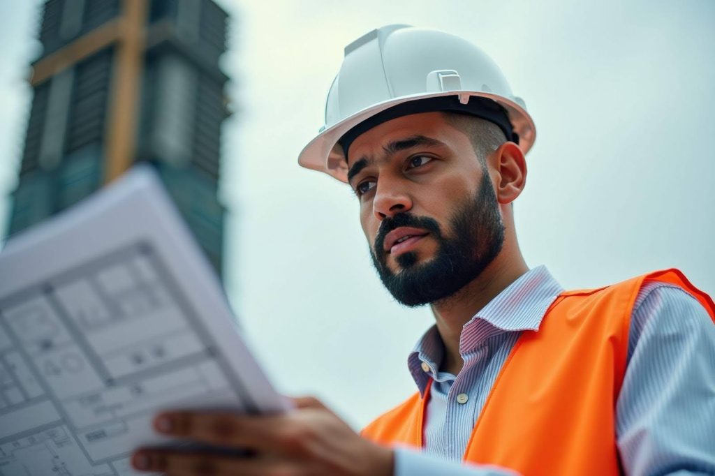 A construction worker in an orange vest and hard hat reviews a blueprint